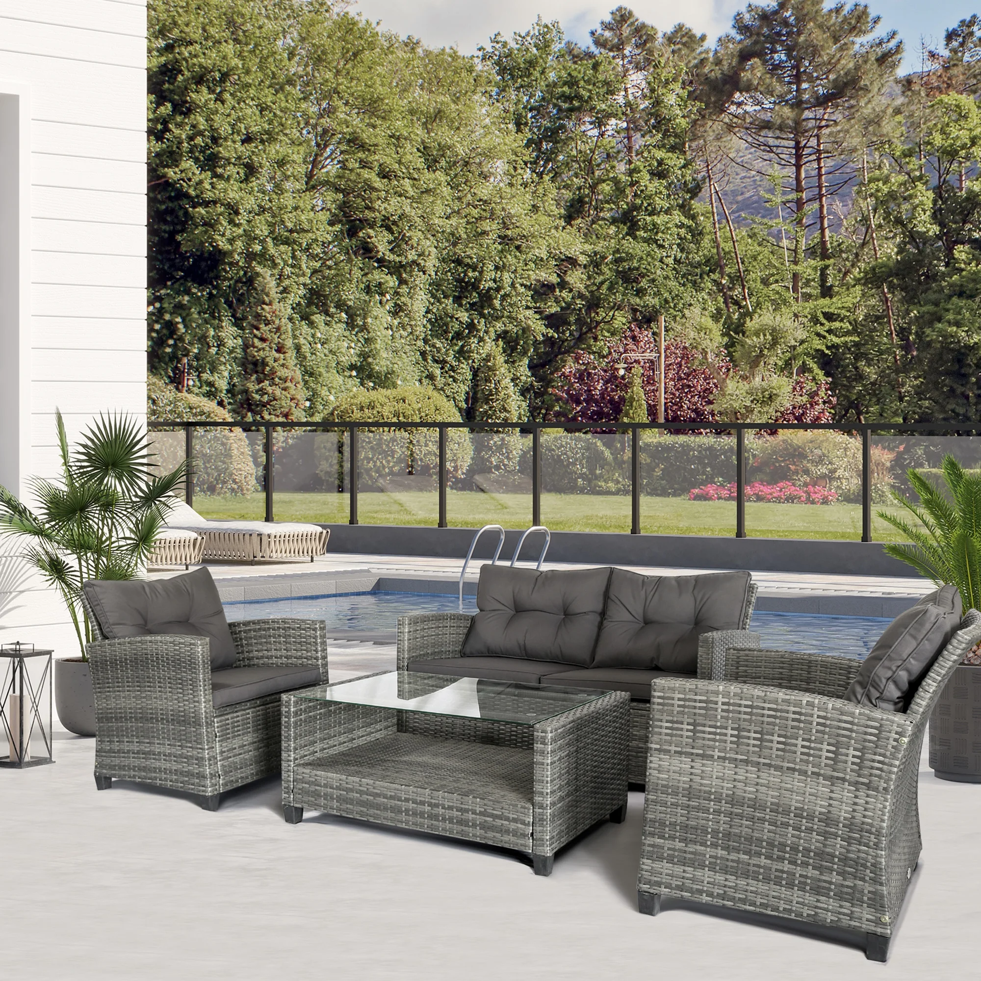 Outsunny 4 Piece Patio Furniture Set, Wicker Loveseat, Chairs & Table