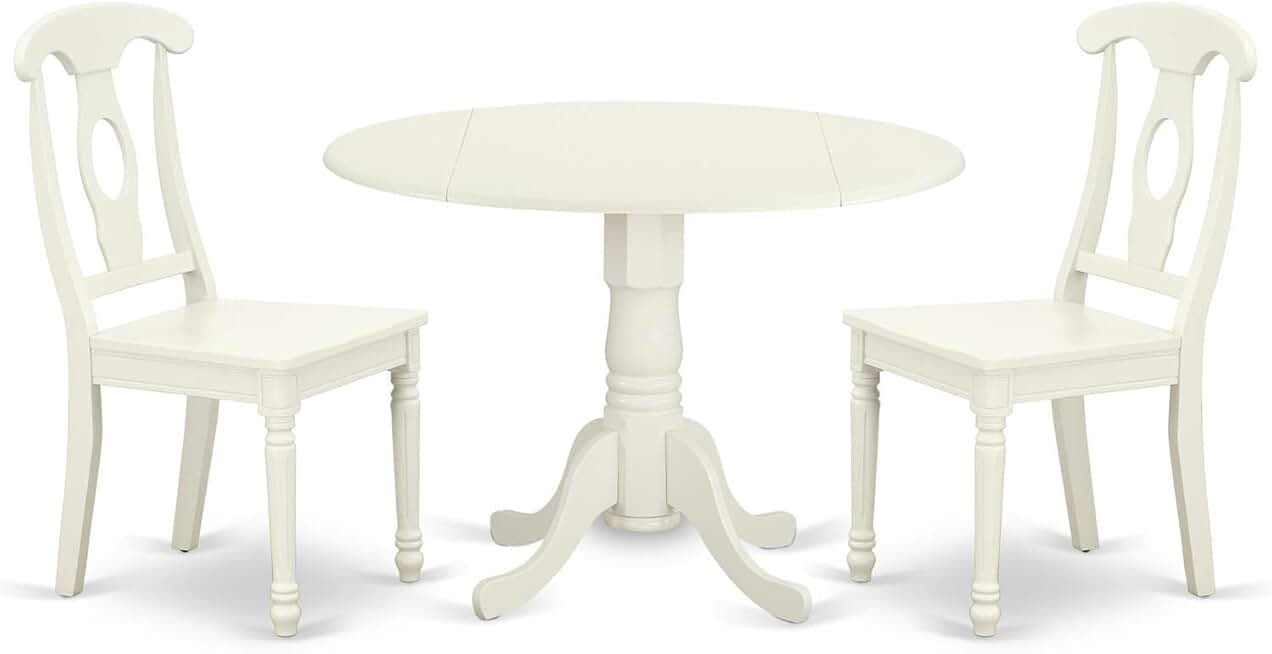 East West Furniture Dublin 3 Piece Room Set Contains a Round Kitchen Table with Dropleaf and 2 Dining Chairs, 42x42 Inch, Linen White