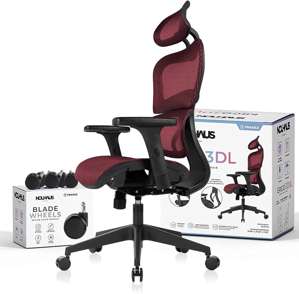 Nouhaus Ergo3dL Home Office Desk Chairs Ergonomic Office Chair High-Back Mesh Rolling Work Chairs with Wheels and Adjustable Headrests Comfortable Lumbar Support Adjustable Armrests(Burgundy)