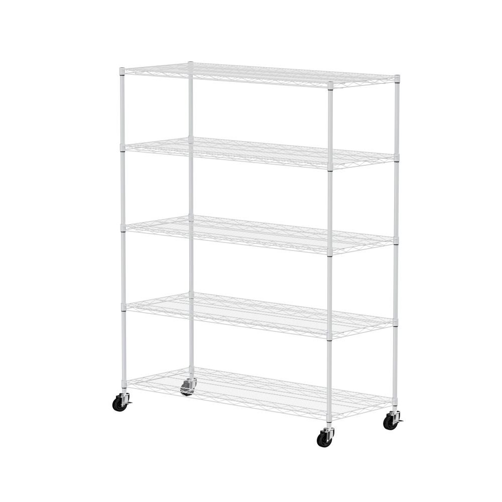 IVV Heavy Duty Shelf, 5 Tier Wire Shelving Unit with Wheels, Metal Wire Garage Shelves Storage Rack w/ Lockable Wheels and Adjustable Feet, White