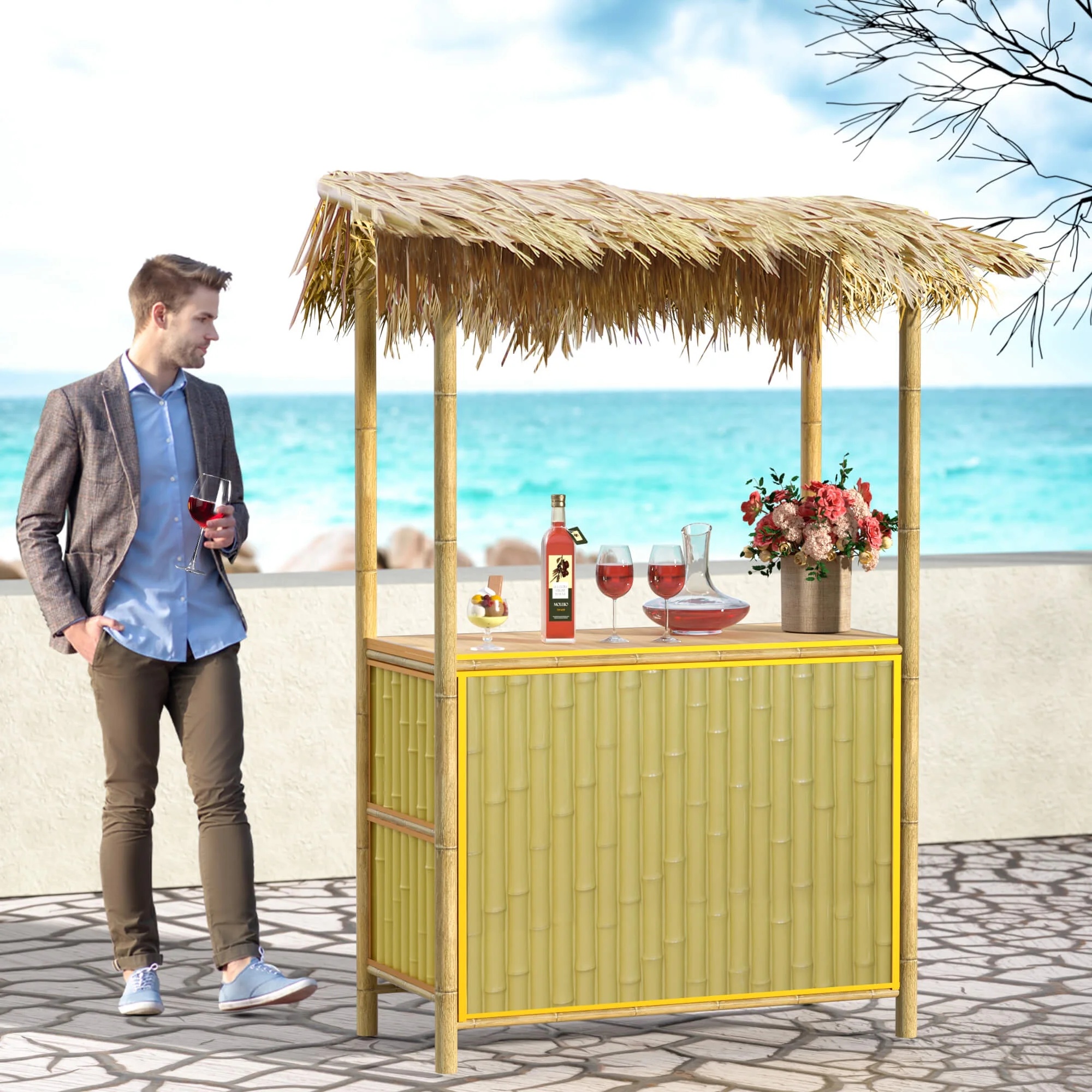 Patio Outdoor Tiki Bar - Metal Bar Counter with Simulated Bamboo, Palapa Top, and Storage Space for Garden