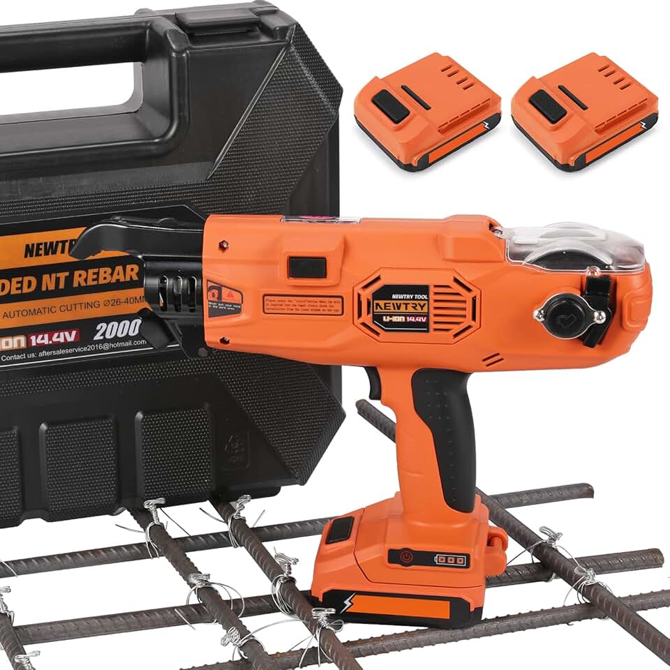 NEWTRY Upgraded Rebar Tie Gun Automatic Rebar Tier Machine Tying Gun 1’’-1.57’’ Steel Bar Tie Tool with 2 Rechargeable Batteries 328ft Wire Coil 0.8S a Knot 14.4V