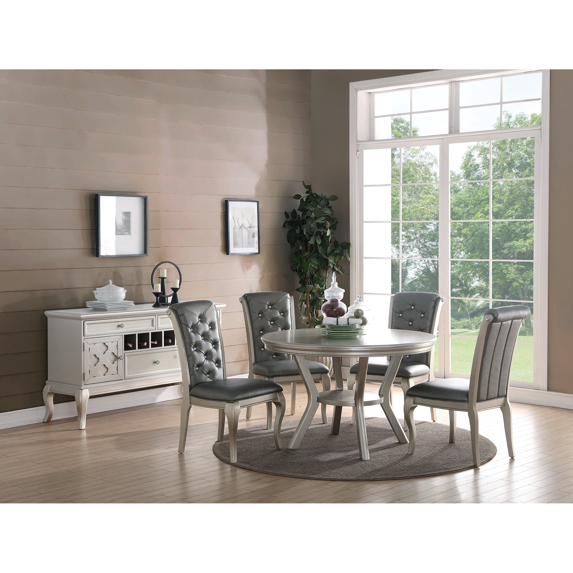ikayaa Formal Traditional Dining Table Round Table Silver Hue 5pc Dining Table w Shelf 4x Side Chairs Tufted Back Dining Room Furniture
