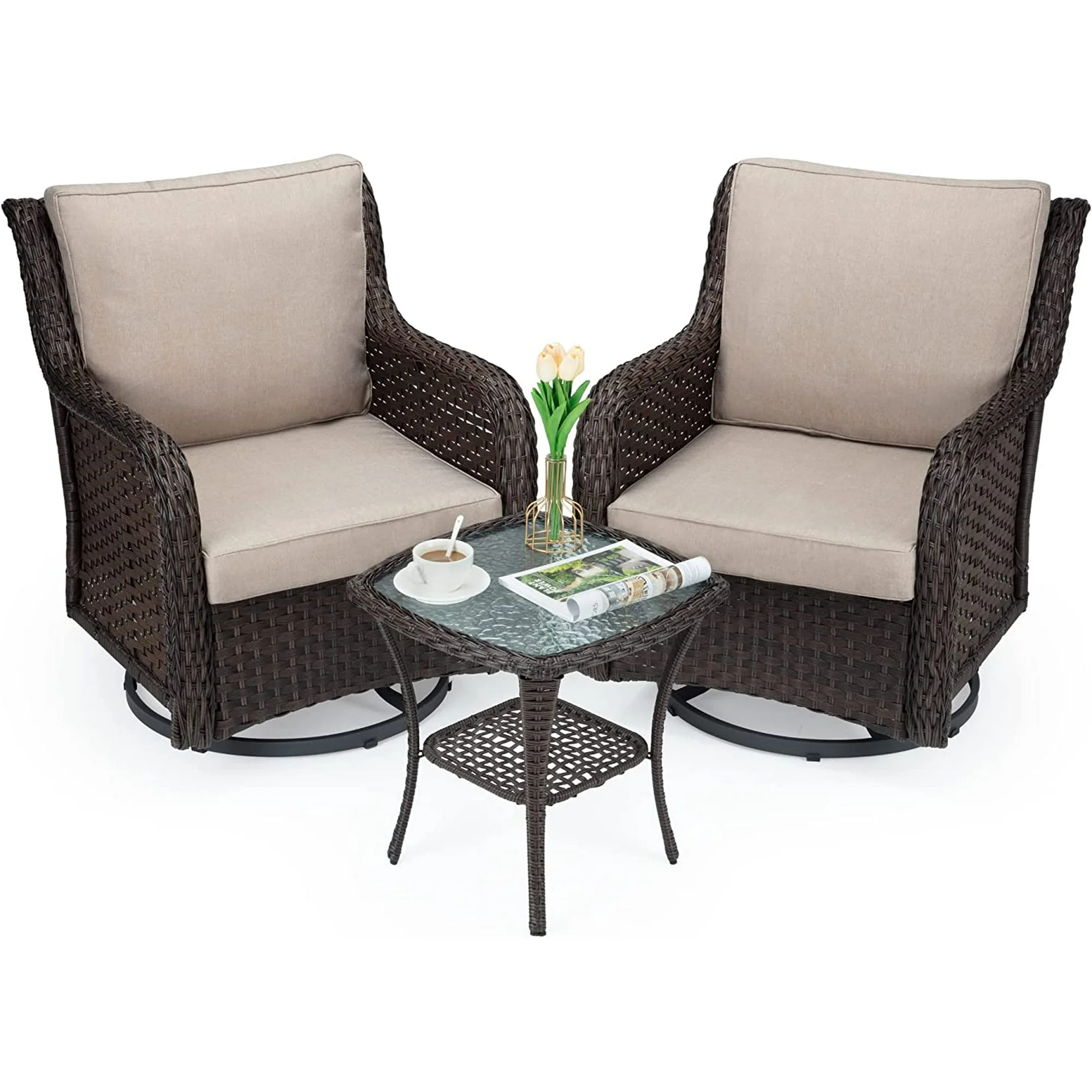 Outdoor 360 Swivel Rocker Patio Chairs Set of 2 and Matching End Table, IDEALHOUSE 3 Pieces Wicker Patio Bistro Set with Premium Fabric Cushions for Yard, Garden, Balcony (Beige, Encryption Rattan)