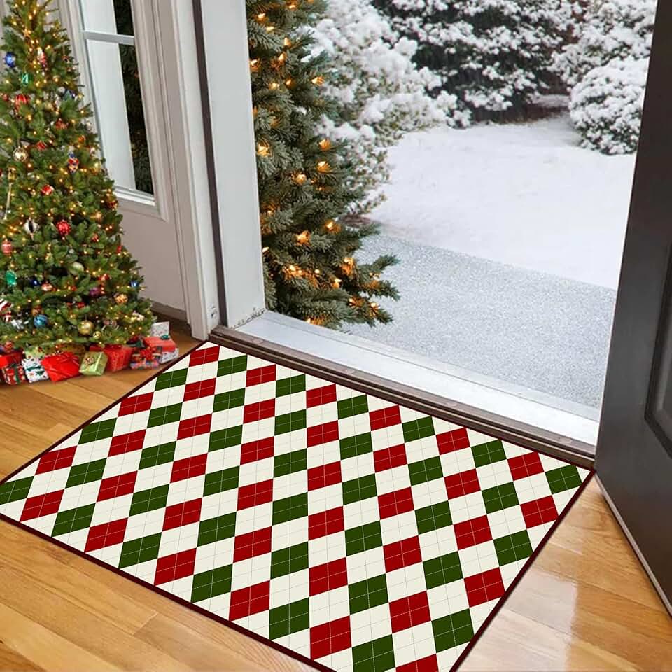 Area Rug,Merry Christmas Reindeer Doormat,8x10ft/96x120in/240x305cm Red, Green and White Plaid Xmas Door Mats Winter Non Slip Indoor Entrance Mat for Outdoor Front Porch Farmhouse Home Decor