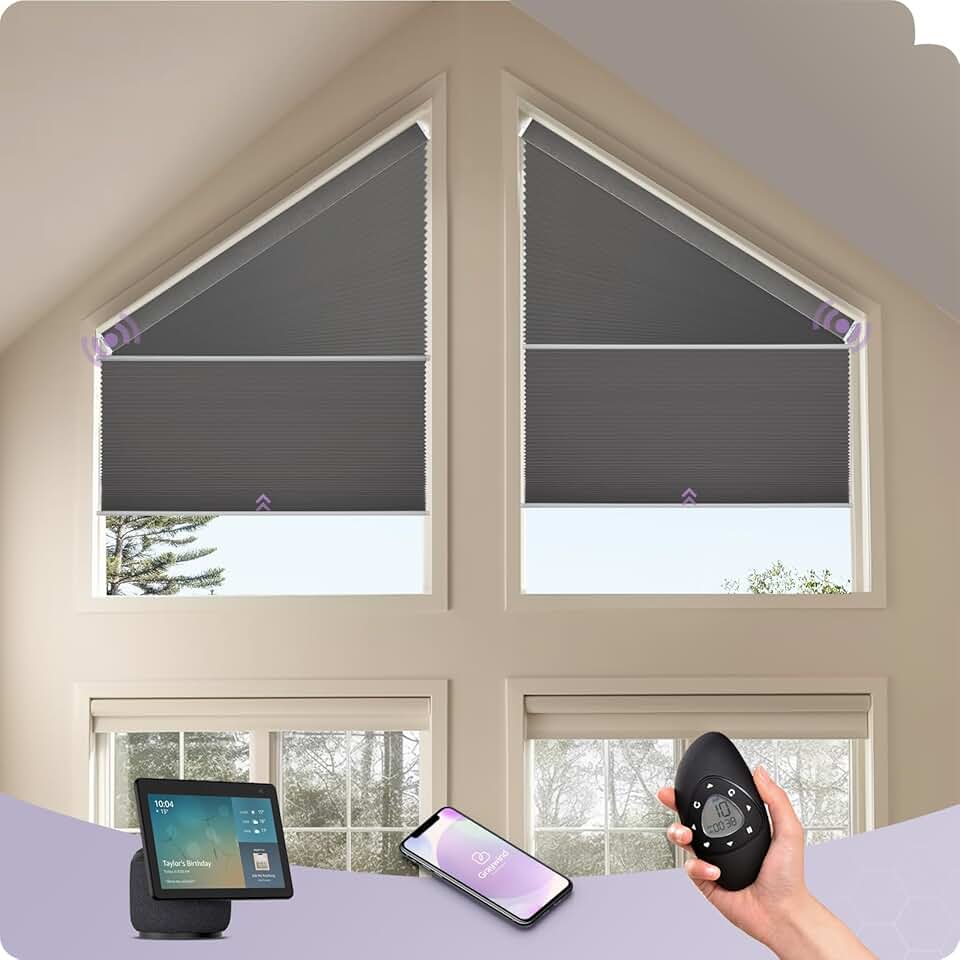 Graywind Smart Angled Blinds Compatible with Alexa Google Motorized Right Trapezoid Shades Solar Powered Customized for Odd-Shaped Window (Blackout Dark Grey)