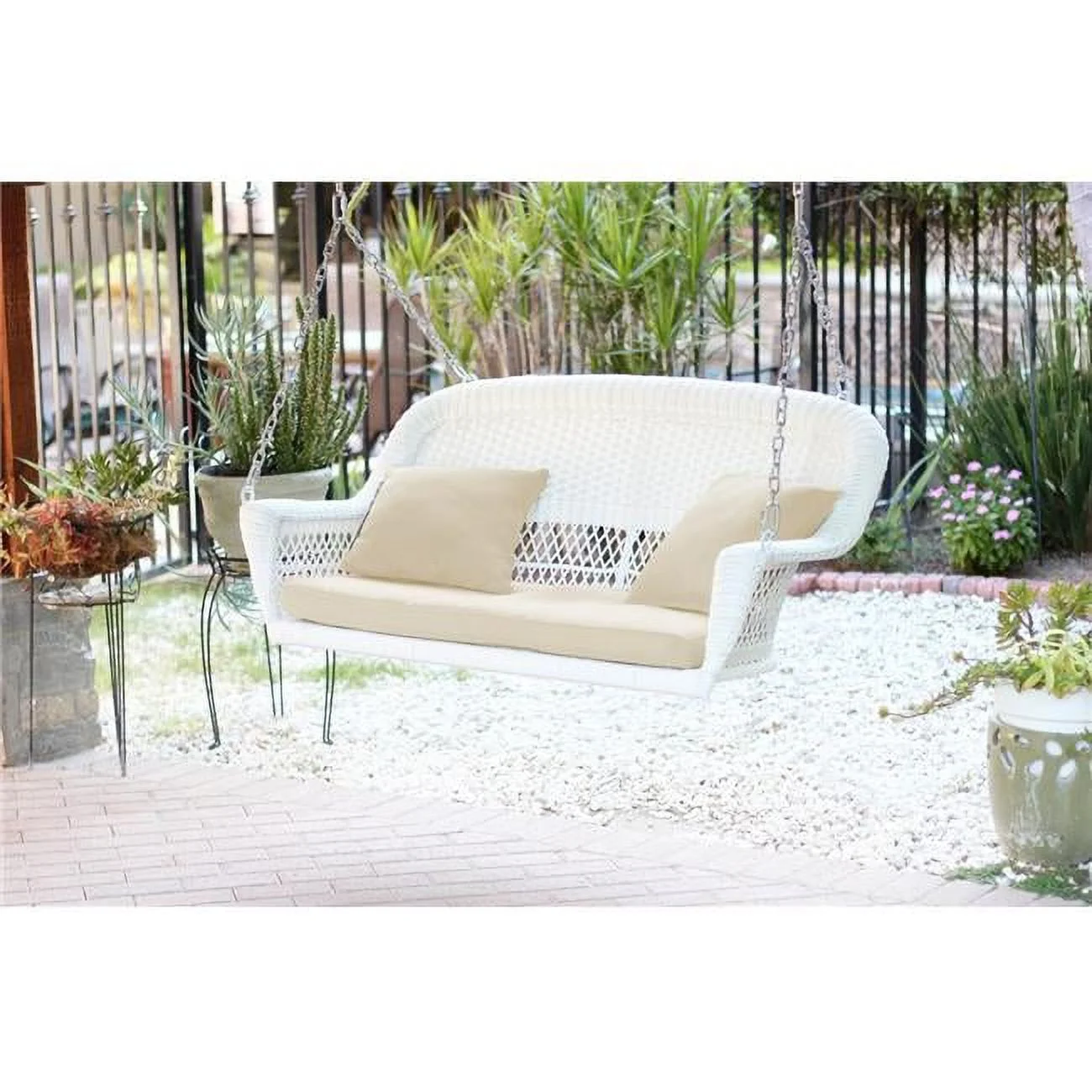 Jeco W00206S-B-FS001 White Resin Wicker Porch Swing with Ivory Cushion