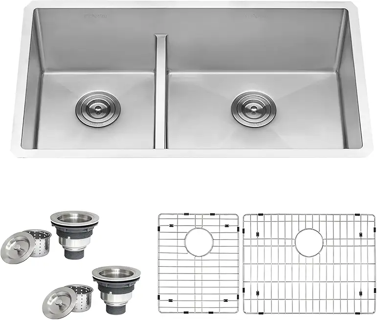 Ruvati 33-inch Low-Divide Undermount 40/60 Double Bowl 16 Gauge Rounded Corners Stainless Steel Kitchen Sink - RVH7418