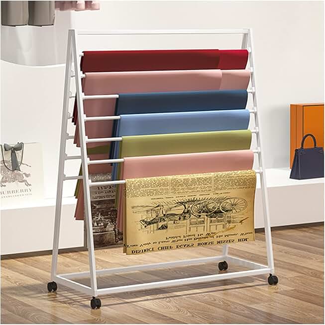 White Large Scarf Organizer Ribbons Stand Metal Newspapers Racks, Commercial Towels Holder Wrapping Papers Rack with Casters (Color : 120cm/47.2