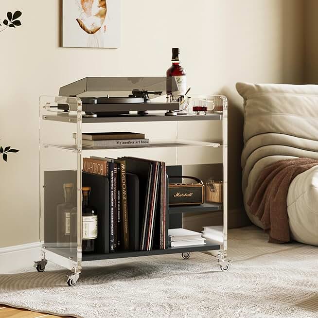 Record Player Stand，Vinyl Storage Holder Cabinet with Wheels，Acrylic Framework with Shelf Coffe Table Movable End Table Nightstand Stereo Cabinet for Living Room Bedroom Office
