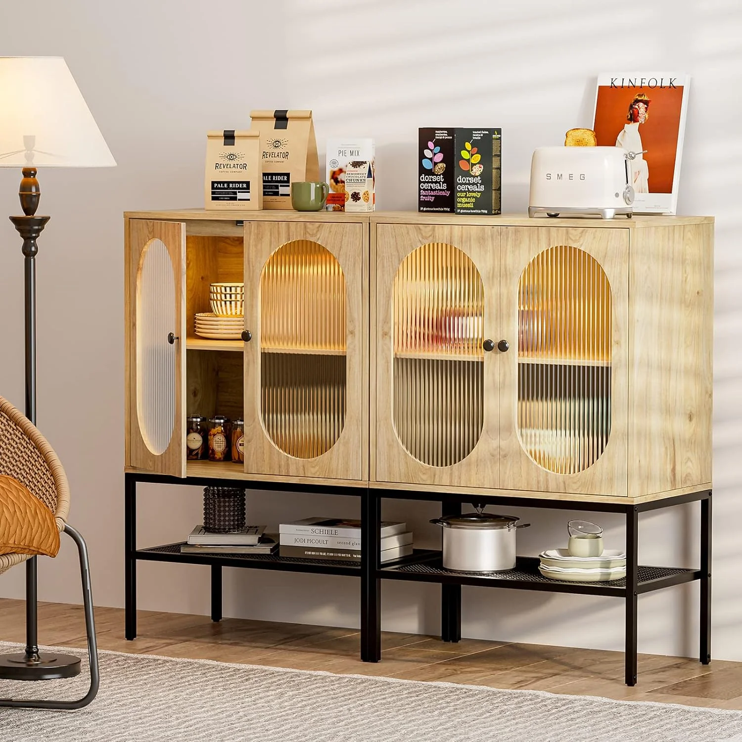 IKIFLY LED Glass Accent Sideboard Buffet Cabinet Set of 2, Modern Natural Storage Cabinet with LED Lights, Detachable Shelf and Bottom Open Metal Shelf for Entryway Dining Room Living Room Bathroom