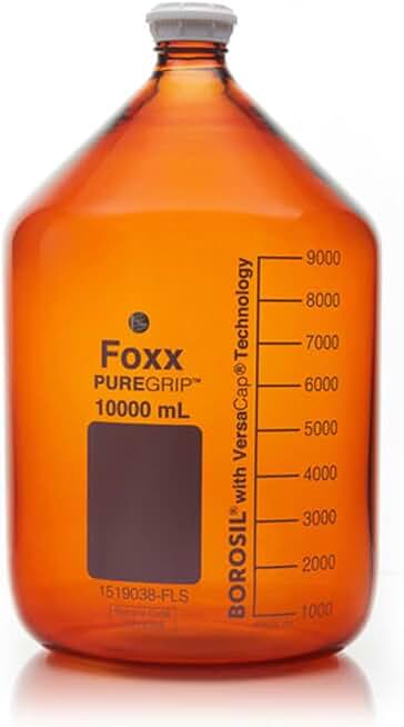 Foxx Life Sciences 1519038-FLS PUREGRIP Borosilicate Glass 3.3 Reagent Bottle with GL45 Screw Cap and Pouring Ring, Graduated, Amber, 10L Capacity