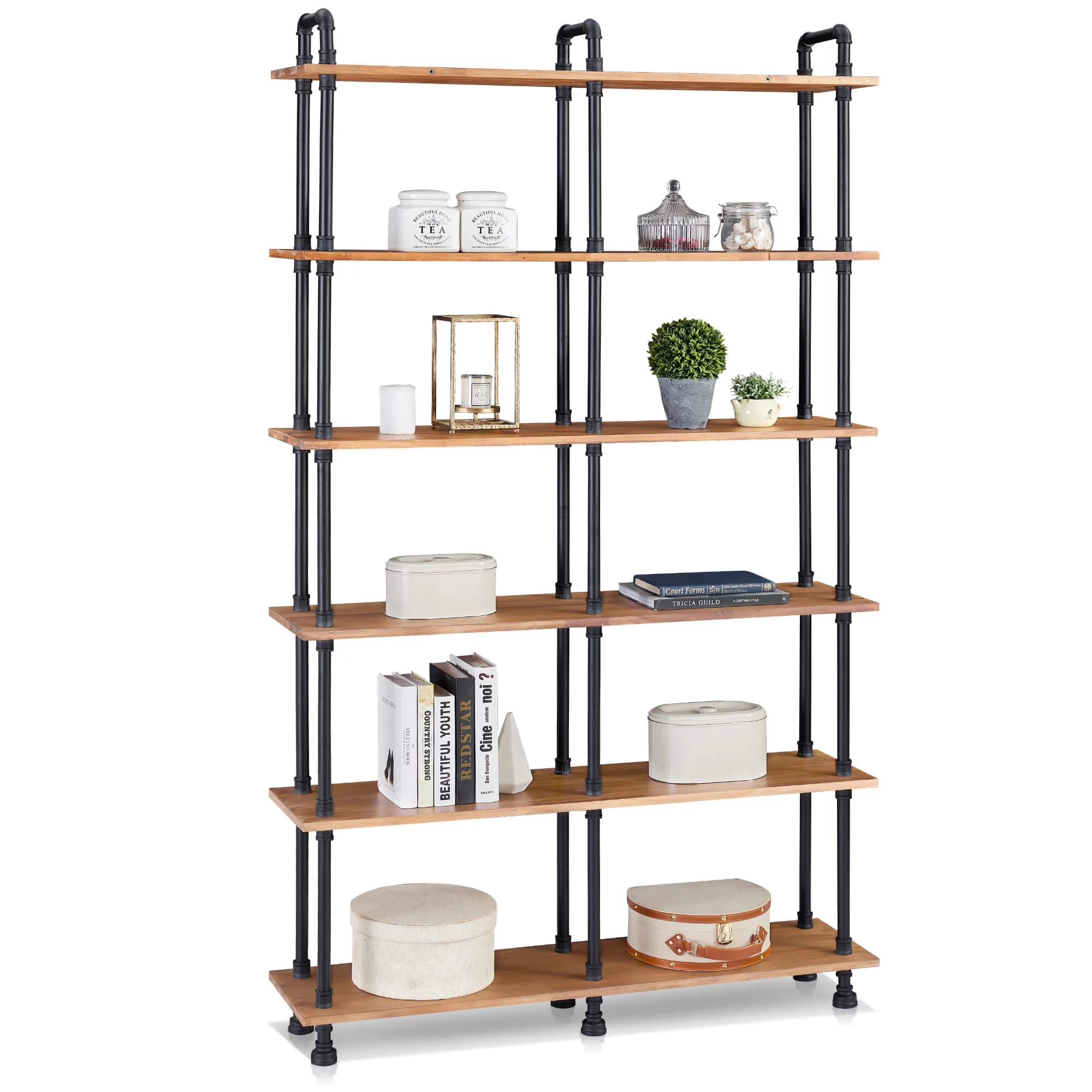 Ivinta Industrial Metal Bookcase, Freestanding Rustic Wood Bookshelf with Metal Frame, Large Open Etagere Shelves for Storage