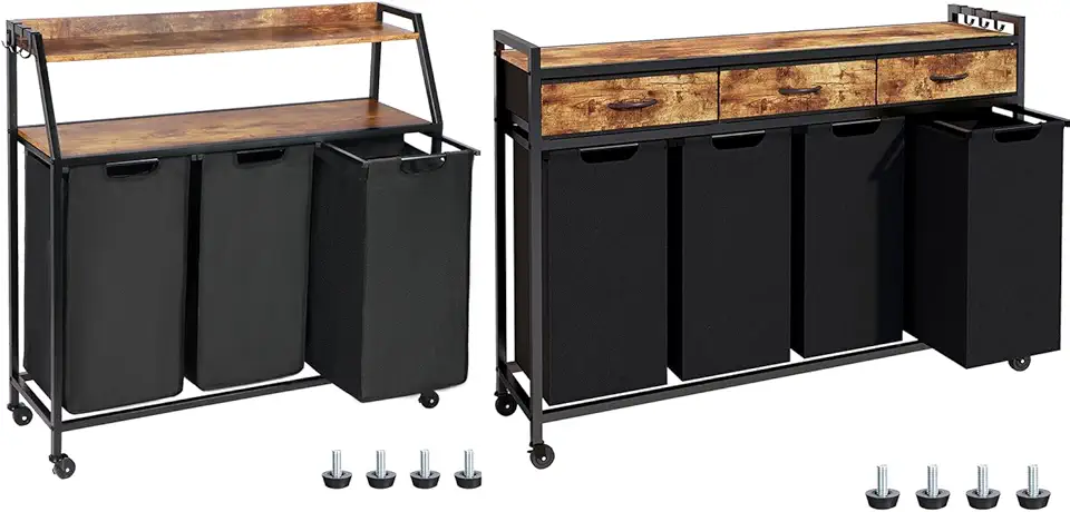 Two Laundry Hamper, Rolling Laundry Sorter with Wheels, 4 × 14.5 Gal (55 L), Pull-Out and Removable Laundry Bags, for Laundry Room, Black and Rustic Brown