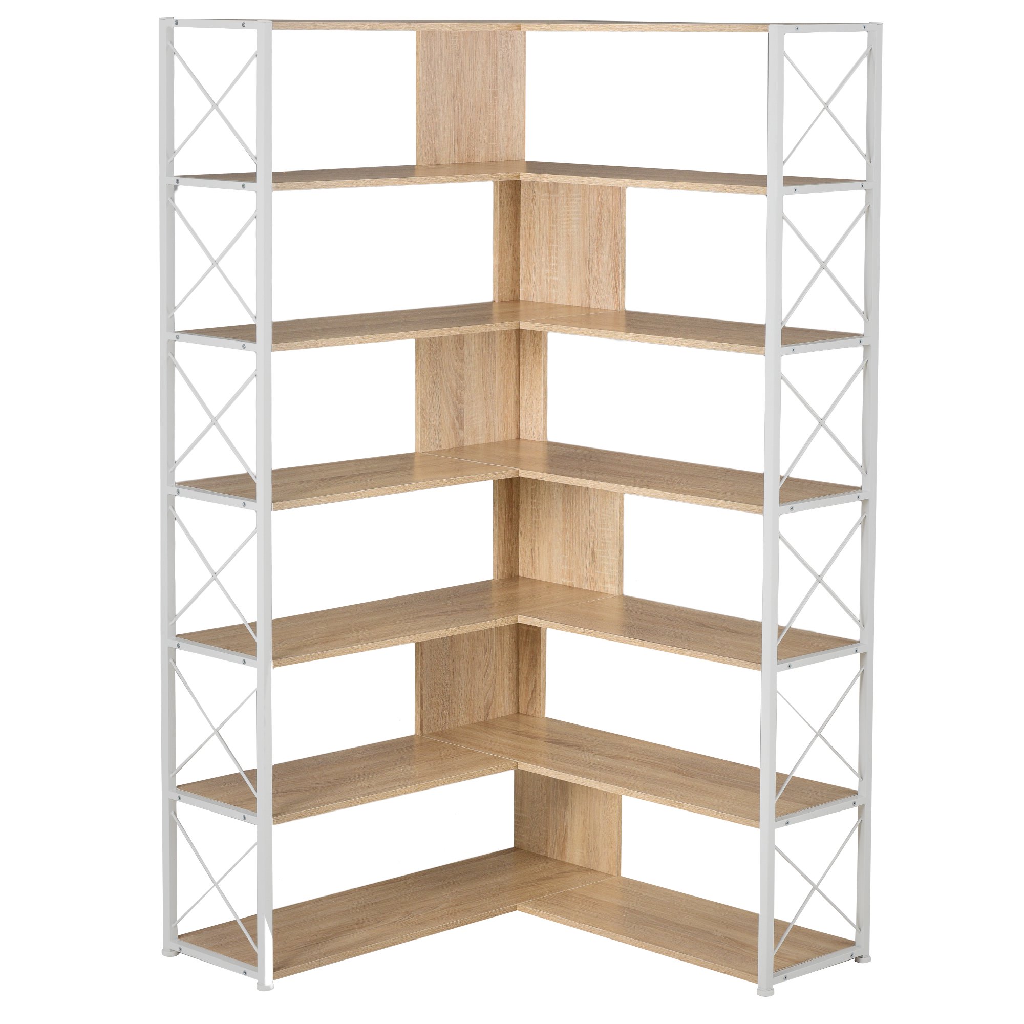 Industrial 7 Tier L-Shaped Corner Bookshelf, Large Home Office Bookcase with Metal Frame, Tall Storage Shelf Display Rack