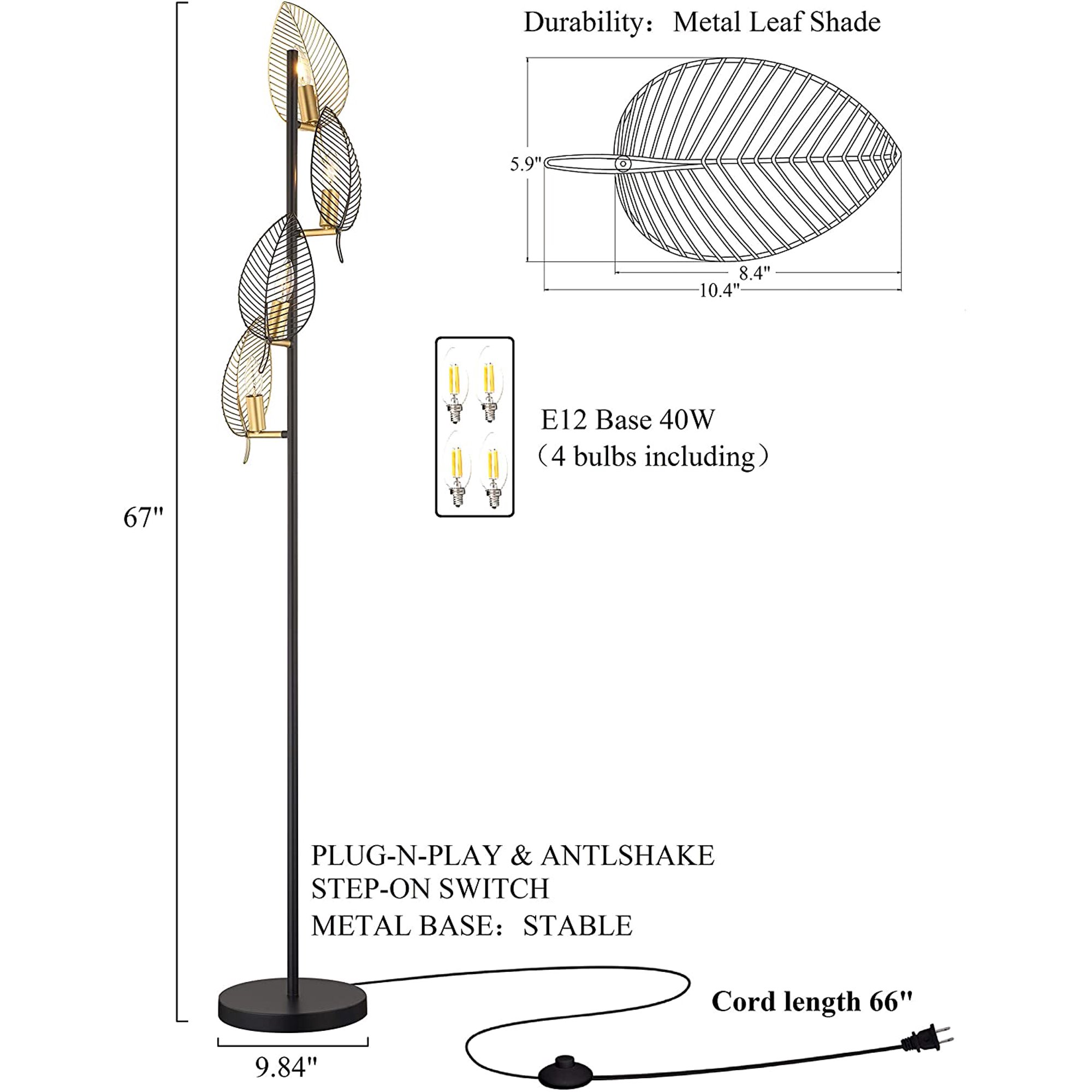 Industrial Bla Floor Lamp With 4 Brush Gold Finish Leaf Shade, Modern Tree Floor Lamps For Living Room Bedrooms Reading Standing Lamp Living Room Lamps Farmhouse Tall Lamp (4 Bulbs Included)
