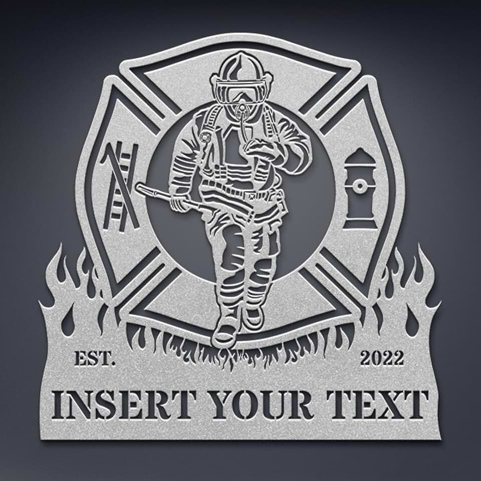 Personalized Firefighter In Maltese Cross Metal Sign Gift, Custom Firefighter Maltese Cross Wall Art Decor, Customize Steel Sign For Fireman. To My Fireman. First Responder Volunteer. Customizable Home Office Indoor Outdoor Decoration (36 Inch, Silve