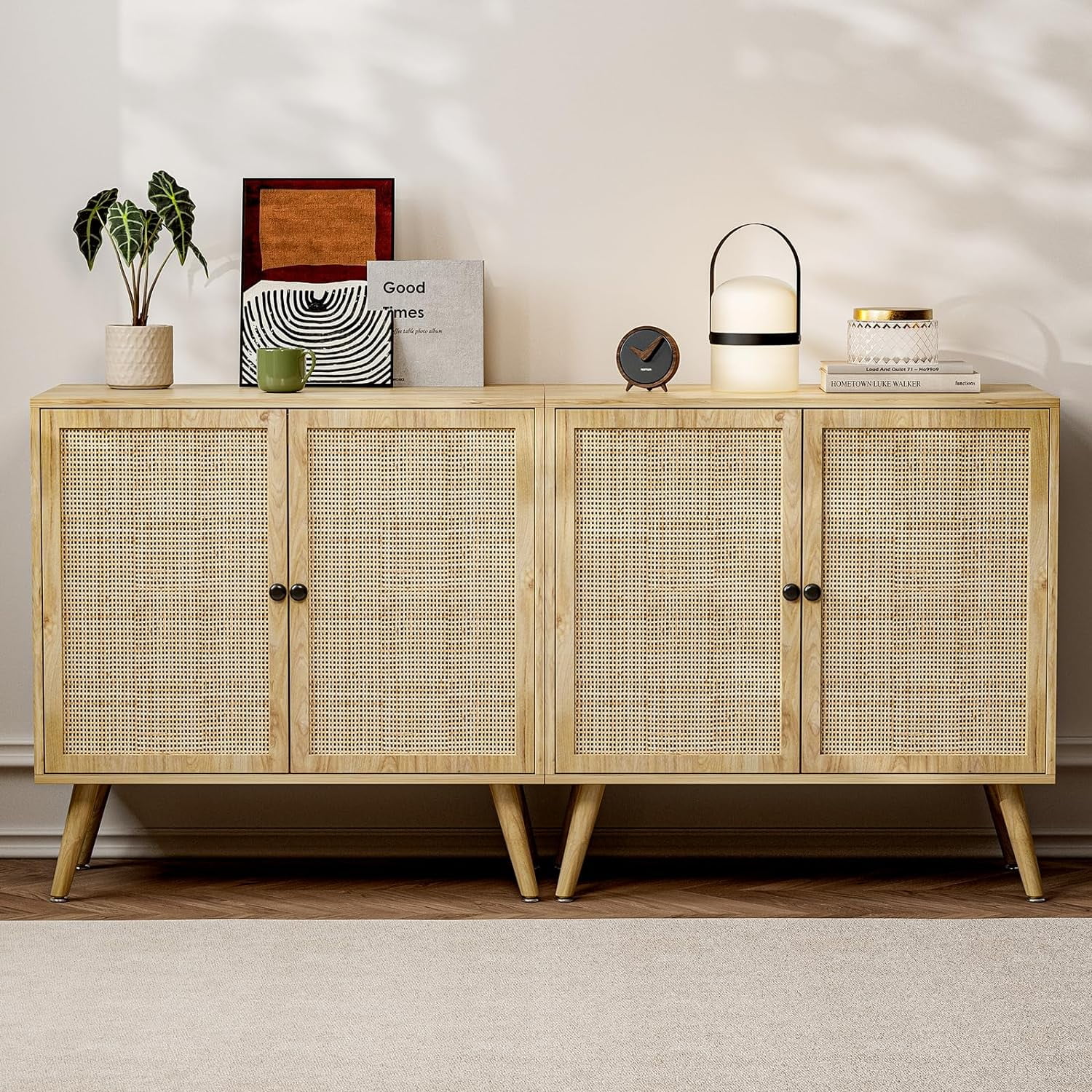 IKIFLY Set of 2 Buffet Cabinet with Storage, Sideboard Cabinet with Rattan Decorated Doors, Kitchen Cupboard Console for Living Room, Hallway, Entryway - Natural