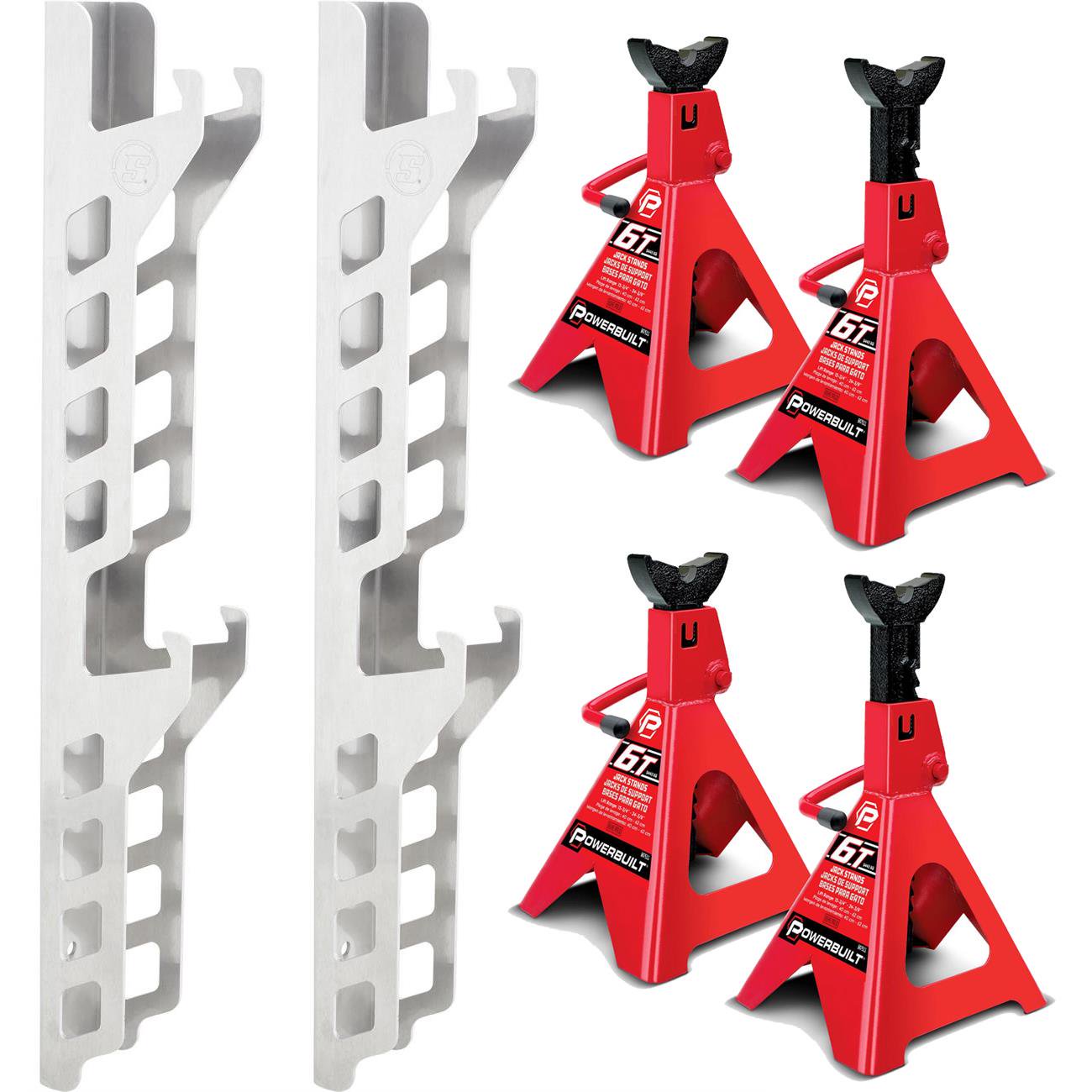 Jack Stand Storage Rack Wall Mounts and 6-Ton Jack Stands Kit