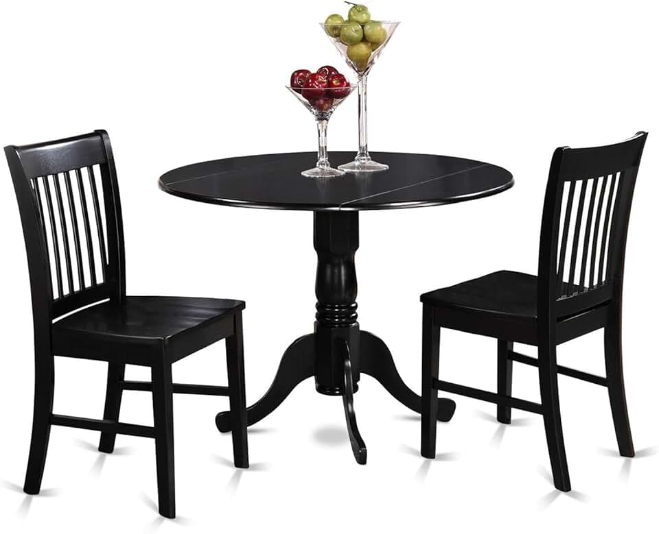 East West Furniture Dublin 3 Piece Kitchen Set for Small Spaces Contains a Round Dining Room Table with Dropleaf and 2 Solid Wood Seat Chairs, 42x42 Inch, DLNO3-BLK-W