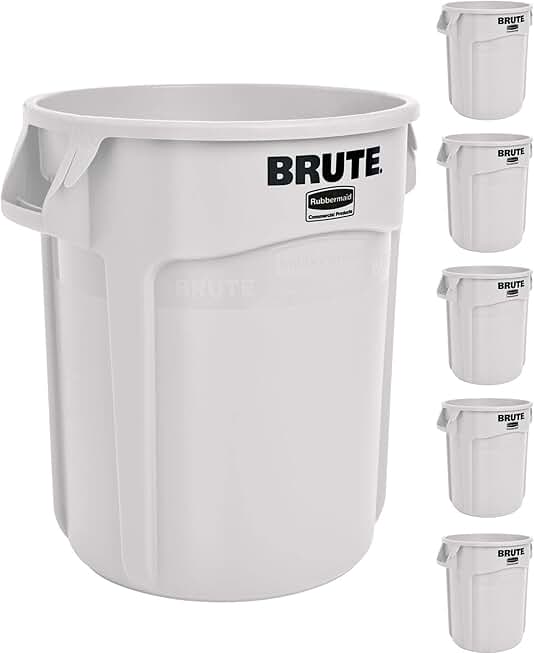 Commercial Products BRUTE Heavy-Duty Round Trash/Garbage Can, 20-Gallon, White, Wastebasket for Home/Garage/Mall/Office/Stadium/Bathroom, Pack of 6