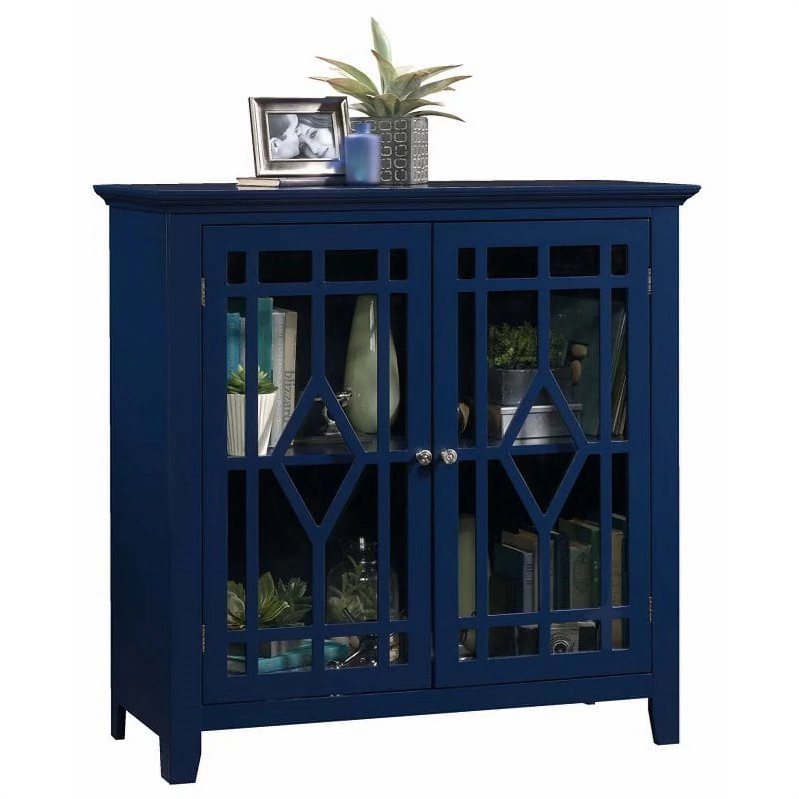 Pemberly Row Accent Storage Cabinet, Display Cabinet with Glass Doors in Indigo Blue