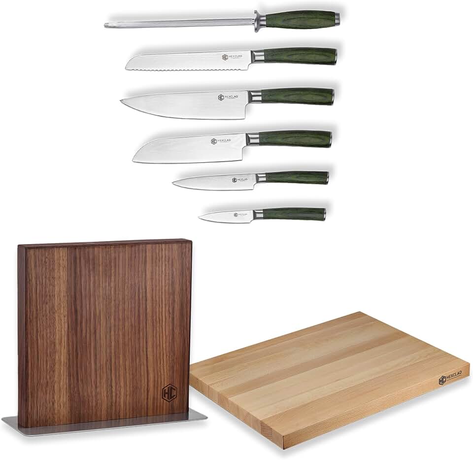 HexClad Knife Set, 8-Piece Home and Kitchen Knife Set with Large Walnut Cutting Board, Wooden Magnetic Knife Holder & Steak Knife Set of 6, Japanese Knife Set with Pakkawood Handle