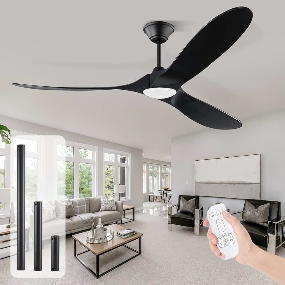 60 inch Outdoor Ceiling Fan for Patios with Light, Black Ceiling Fan with Light Waterproof, Large Airflow 3 Reversible Blades, DC Motor, Wet Rated Ceiling Fan for Famhouse Exterior Porch