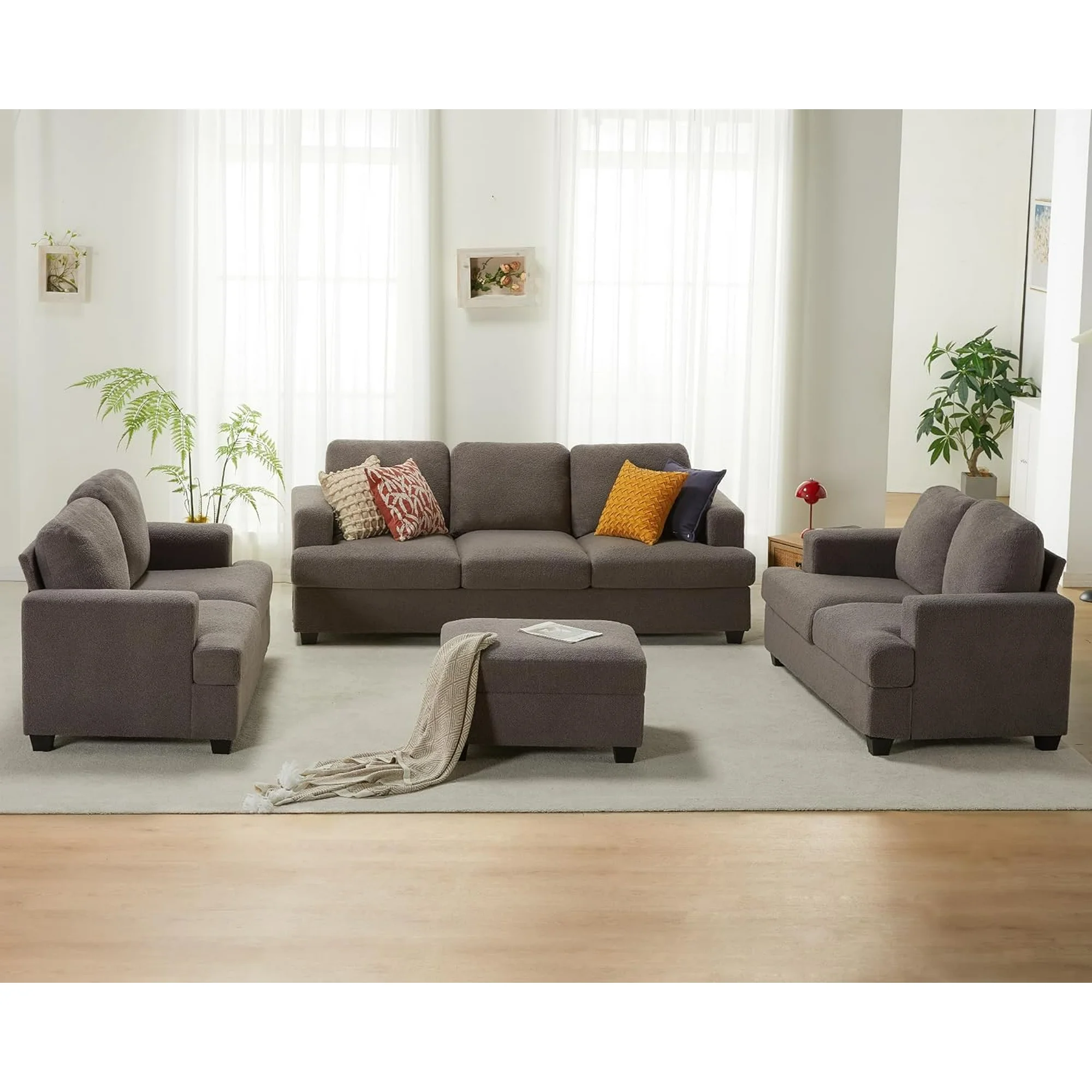 PaPaJet Sofa,3 Piece Set Comfy Couch with Extra Deep Seats, Modern Sofa for Living Room, Grey Bouclé