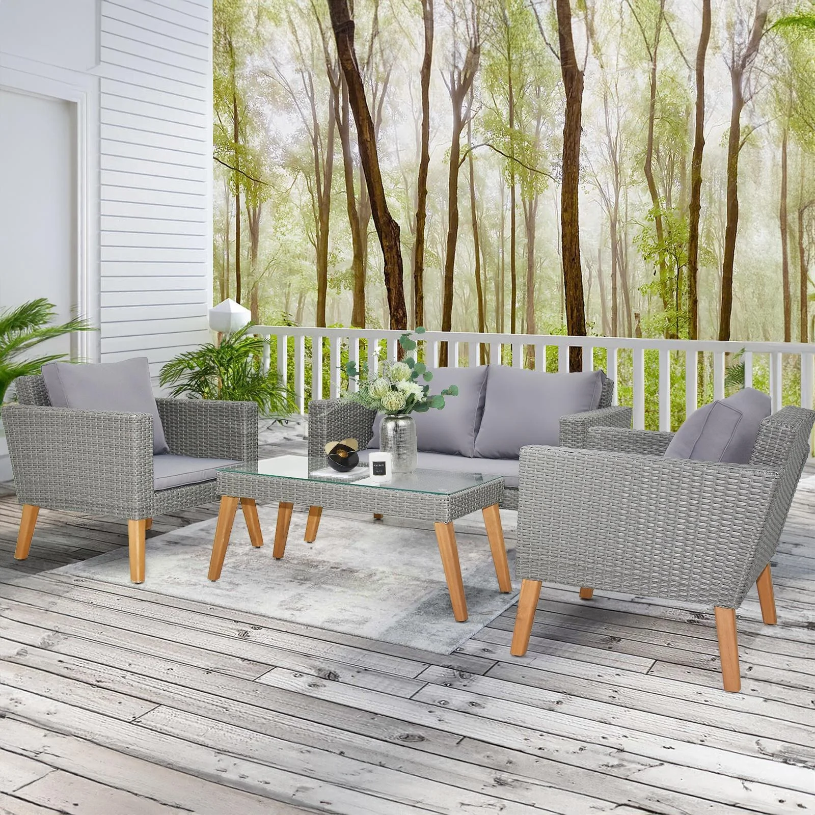 Outdoor Furniture Patio Conversation Set, 4 Pcs Wicker Patio Chat Set with Soft Cushion and Tea Table, Front Porch Furniture Set, Backyard Deck Garden