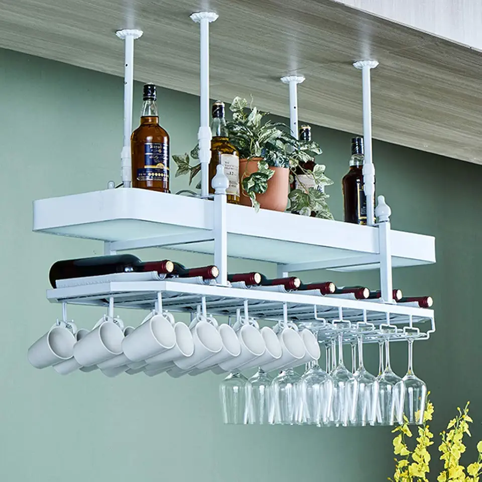 2-Layer Adjustable Ceiling Wine Racks Bottle Organizer and Stemware Storage with Light Box Holds Any Type of Stemware Glassware Wine Glasses and Flutes Sand
