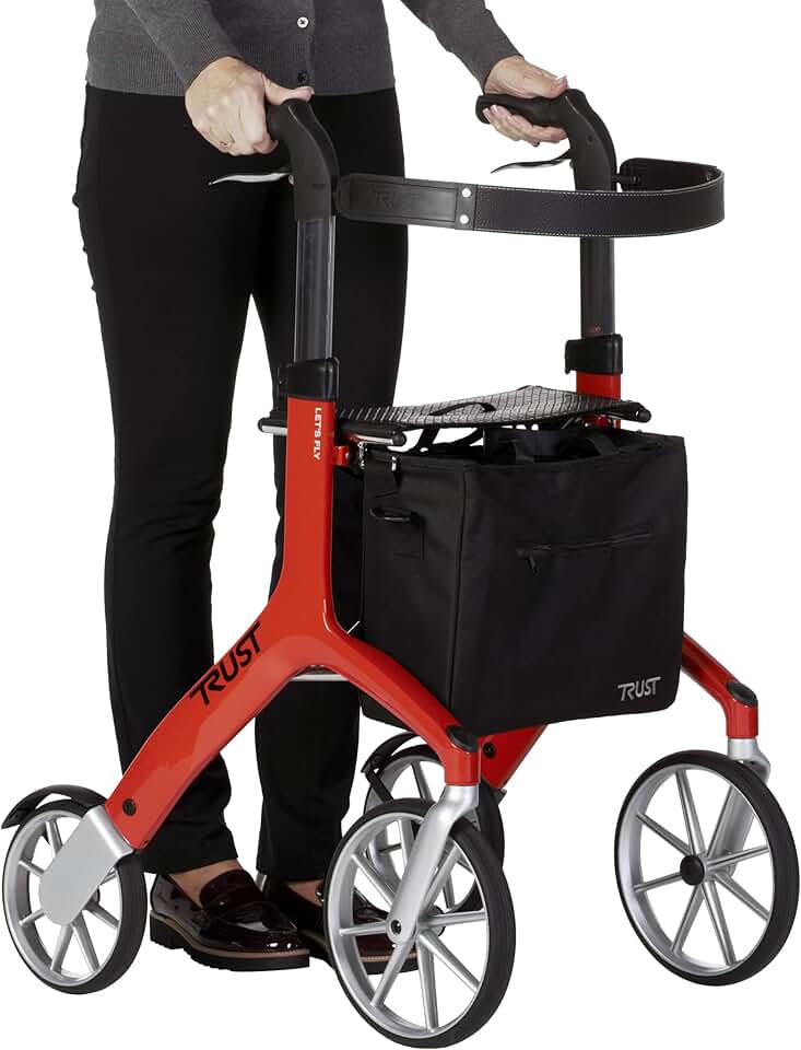 Stander Let’s Fly Rollator, Lightweight Four Wheel Euro Style Walker with Seat and Locking Brakes, Foldable Rolling Walker for Seniors by Trust Care, Red