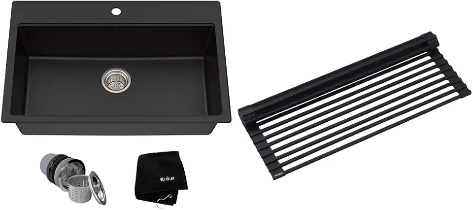 Kraus KGD-412B Quarza Granite Kitchen Sink, 31.5 Inch, Black & Multipurpose Over-Sink Roll-Up Dish Drying Rack, Colander and Trivet in Black, KRM-10BLACK