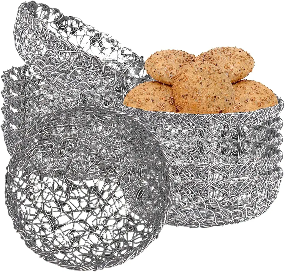 7340MW010 Metal Serving Baskets, Stainless Steel Wire Table Top Counter Round Decorative Unique Modern Bread and Fruit Holder, Use, 9.0