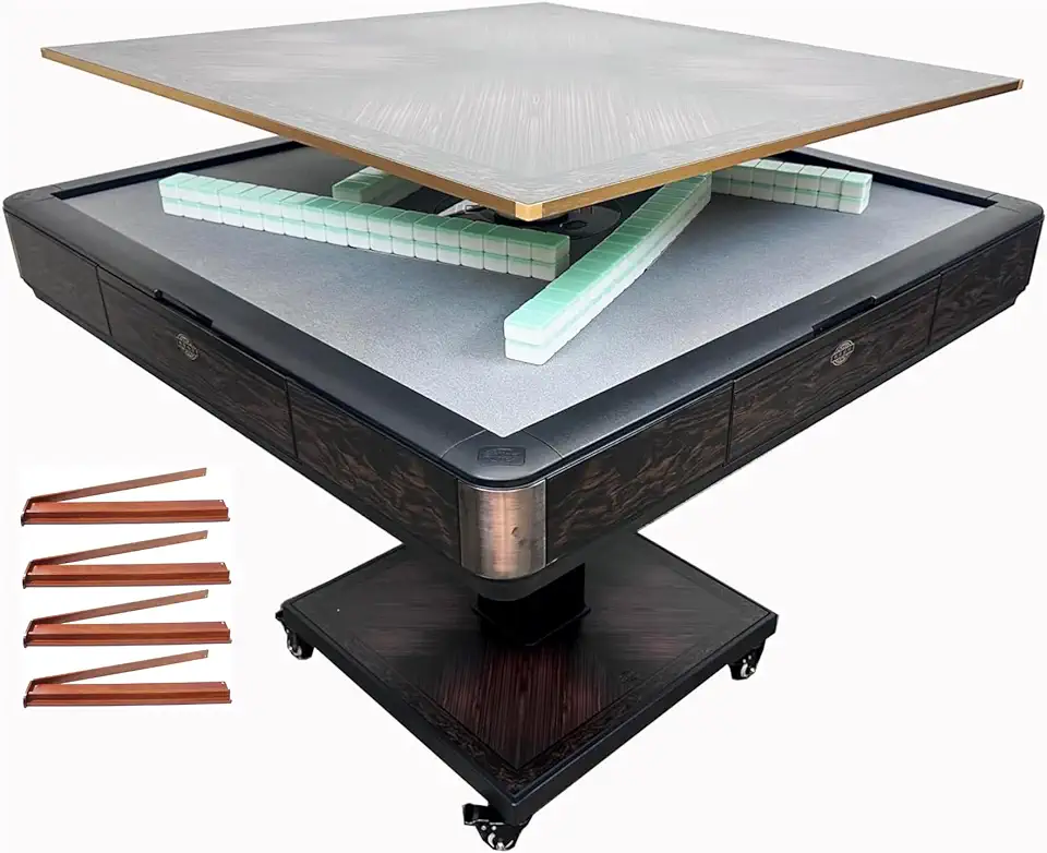 USA Mahjong Table Folding Roller Coaster Automatic Mahjong Table, Wooden Color American Style 36mm Numbered Tiles Built-in Reversible Hard Table Cover 4 Wooden Pusher Racks C400