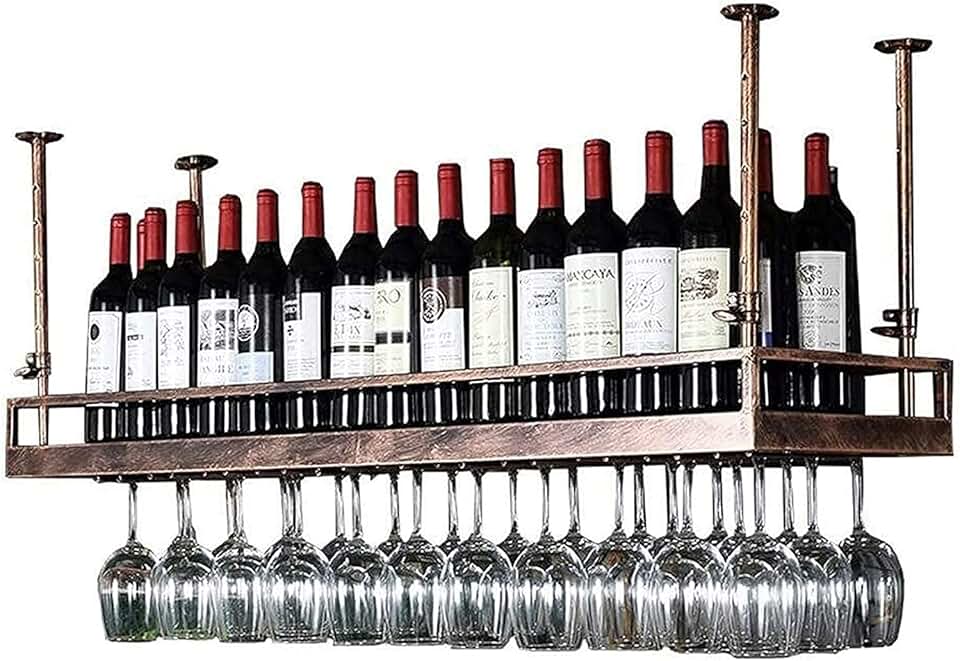 Wine Rack Wall Mounted - Ceiling Mounted Hanging Iron Wine Racks, Adjustable Height Wall-Mounted Wine Racks, Wine Bottle and Wine Glass Holder, Bronze Color