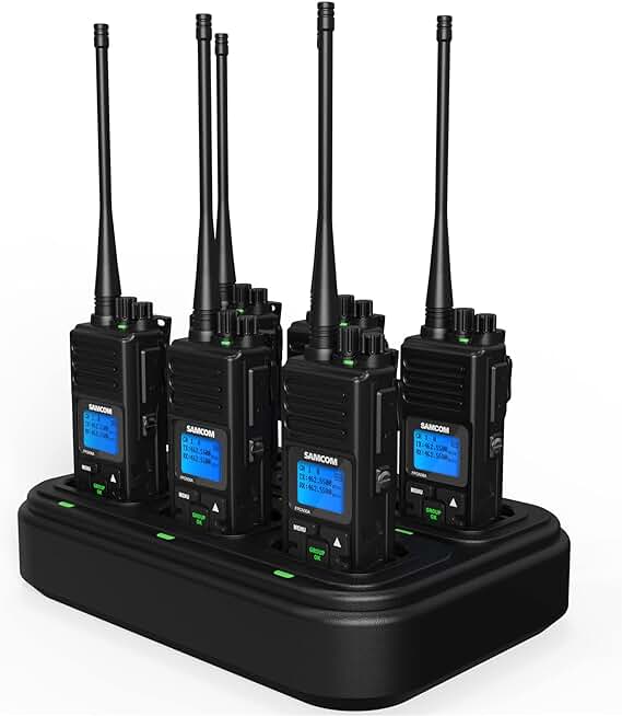 SAMCOM Two Way Radio Long Range Rechargeable, 5W 2 Way Radio High Power Walkie Talkie for Adults with Multi-Unit Charger, Heavy Duty Programmable UHF Radios (6 Pcs Radio + 6 Way Charger Gang)