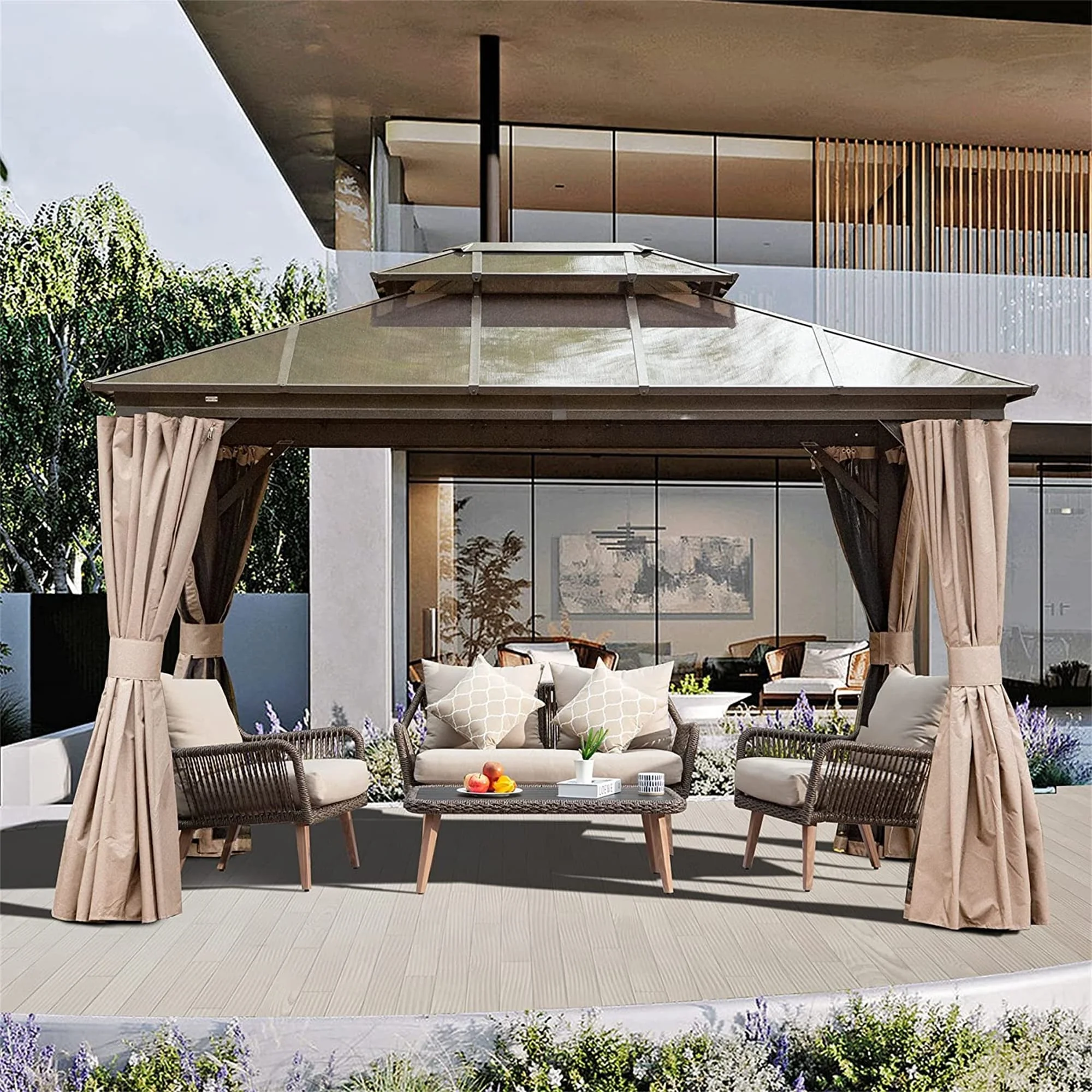 Outdoor Gazebo Double Roof Permanent Hardtop Pergola with Bug Netting and Curtains,Brown