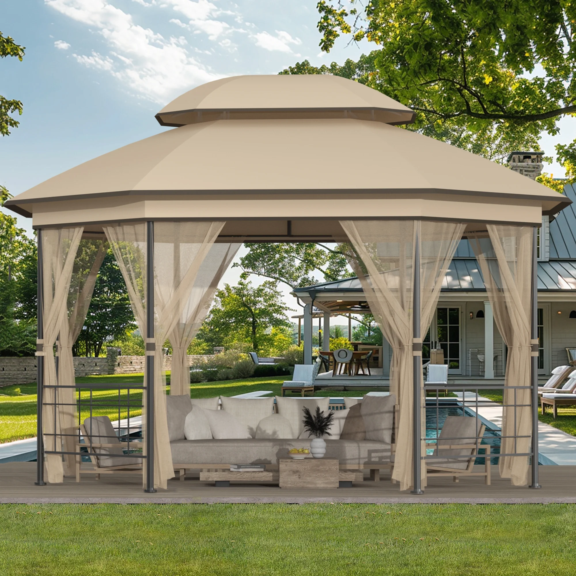 Outdoor Living Spaces 11'x13' Outdoor Canopy Gazebo Waterproof Canopy with Netting and Ceiling Hooks Double Roof Soft Top Canopy Tent Pergola for Patio Lawn Backyard