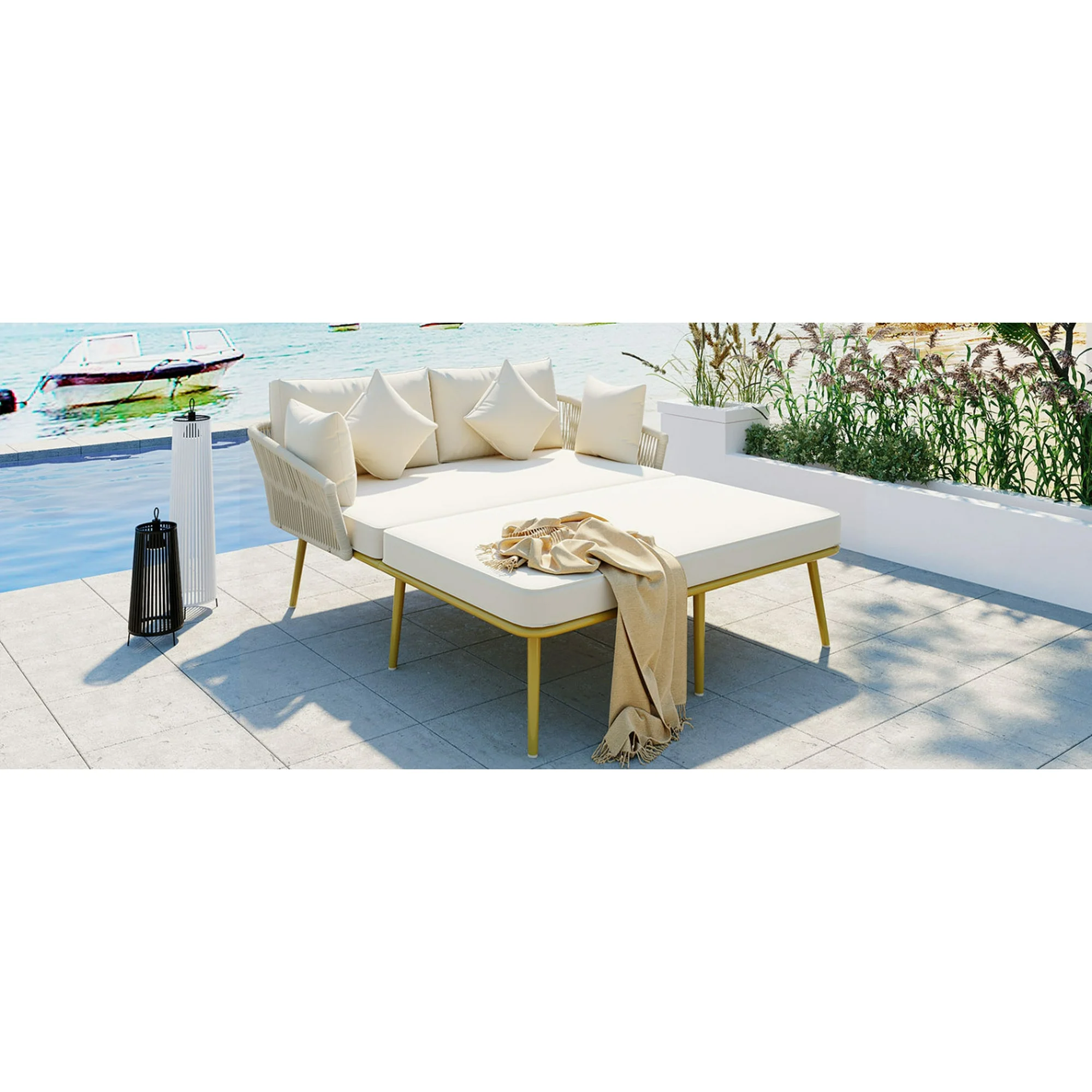 Outdoor Daybed, Patio Daybed for 2 Person with Woven Nylon Rope Backrest, Patio Bed with Washable Cushions for Balcony, Poolside,Beige+Gold