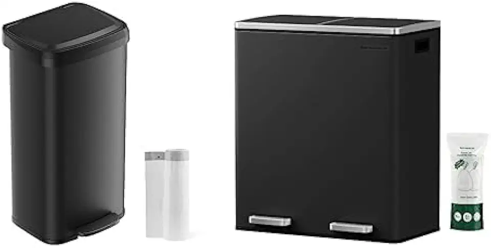 SONGMICS 18-Gallon Kitchen Trash Can, with Stay-Open Lid, Step-on Pedal, Large and Space-Saving, Black ULTB520B68 & 16 Gallon Dual Trash Can and 15 Trash Bags, Metal Step Bin, Black ULTB60BK