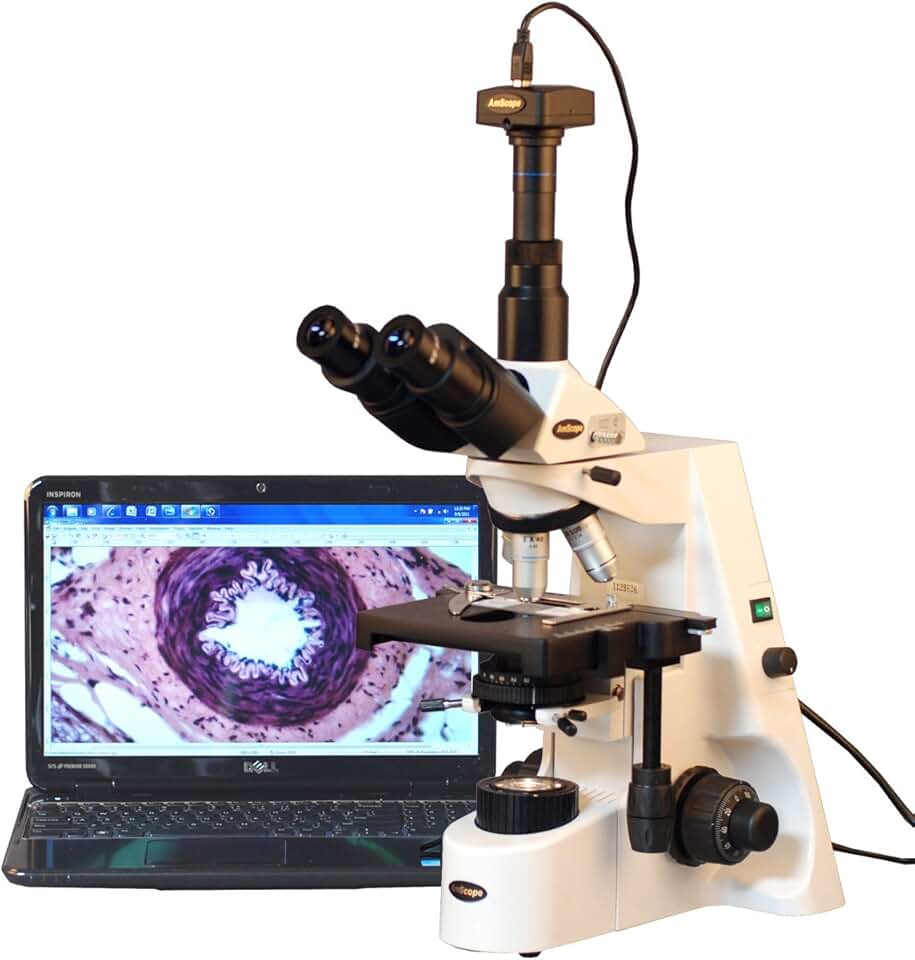 AmScope T690C-PL-10M Digital Trinocular Compound Microscope, 40X-2500X Magnification, WH10x and WH25x Super-Widefield Eyepieces, Infinity Plan Achromatic Objectives, Brightfield, Kohler Condenser, Double-Layer Mechanical Stage, Includes 10MP Camera w