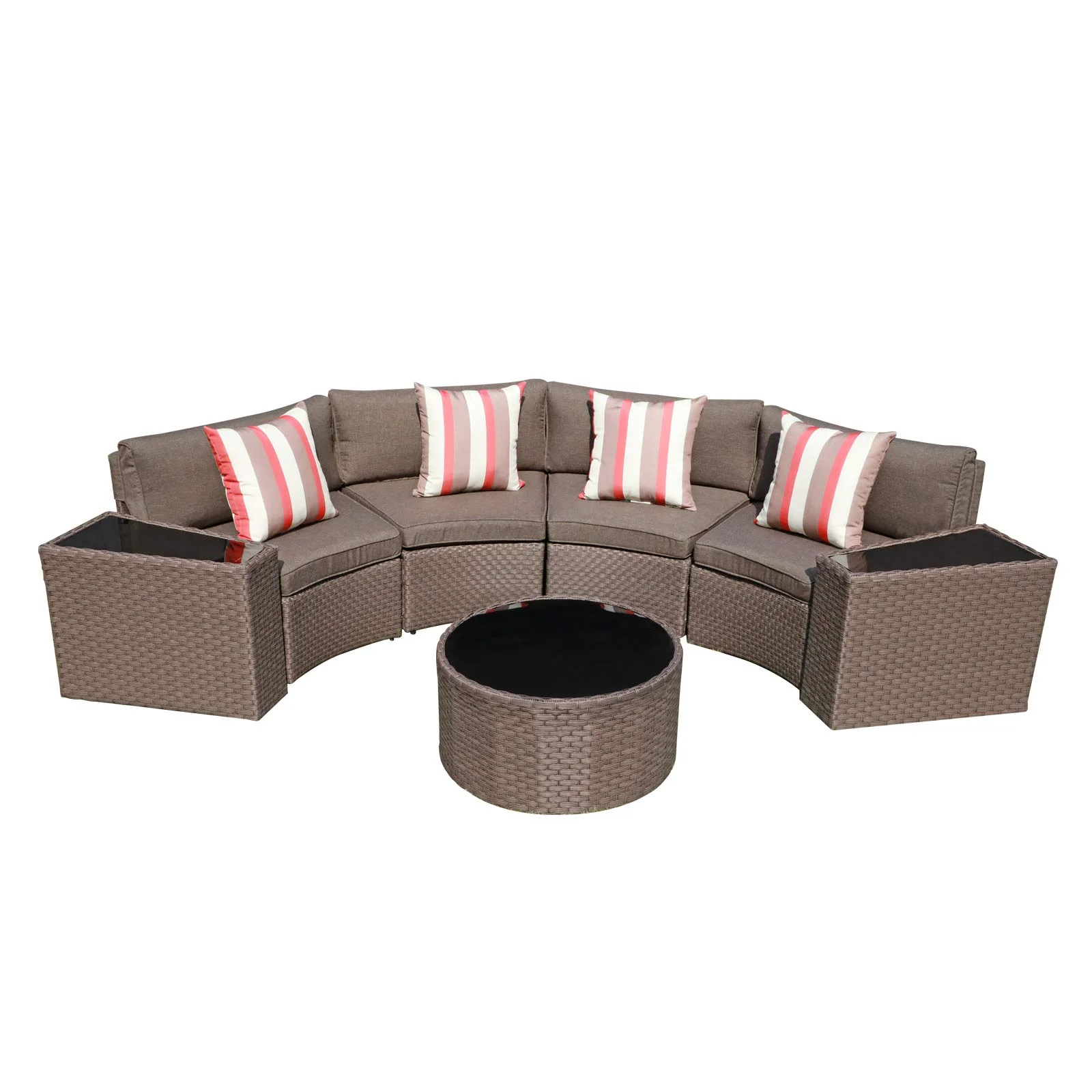Outdoor Patio Furniture Set, Outdoor Sectional Half-Moon Curved Sofa, Round Coffee Table, 4 Pillows & Waterproof Cover, Taupe Cushion, 7-Piece