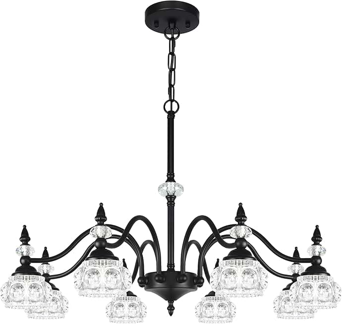 8-Light Chandeliers Light Fixture Modern Black Crystal Glass Shade Pendant Lighting for Kitchen Island Dinning Room Bedroom Foyer Entryway Restaurant