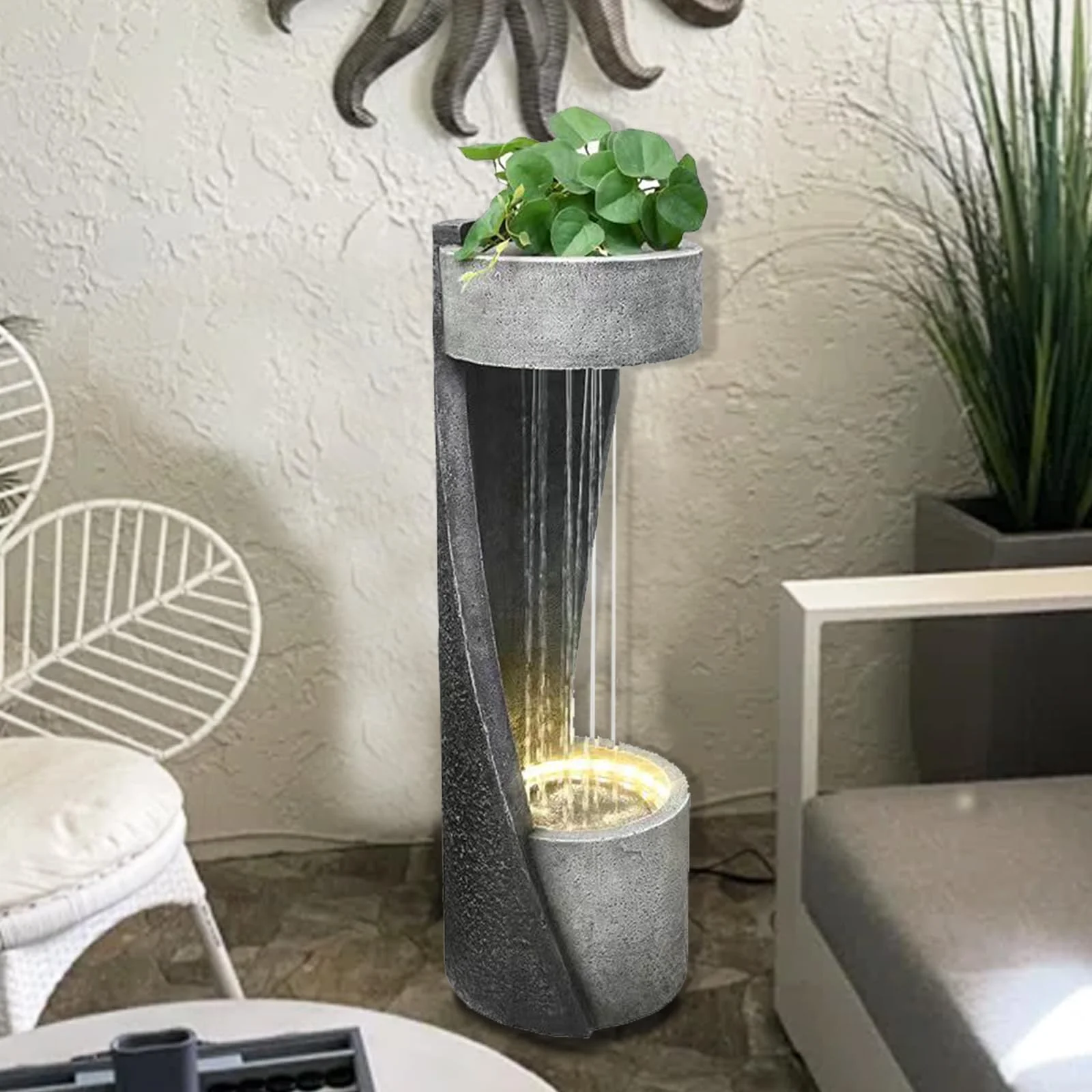 Outdoor Water Fountain Garden Curved Outdoor Fountains with Flower Pot Water Fountains with Warm Light 35''H Waterfall Fountain Indoor for Garden,Yard,Office,Home Decro