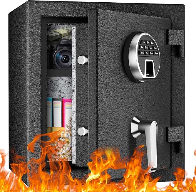 WASJOYE Biometric Fireproof Safe Box, Fingerprint Safe with Digital Keypad Lock and Type-C Emergency Port, 1.5 Cubic Ft Fireproof Waterproof Safe for Home Office Jewelry Documents Cash Storage