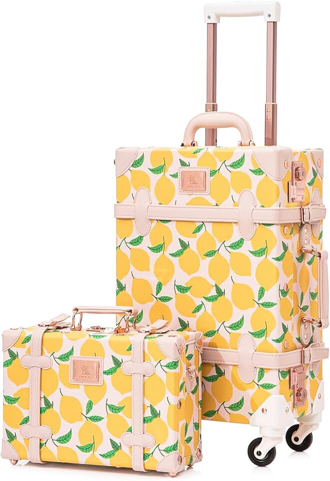 UNIWALKER Vintage Luggage Set, 2 Piece Faux Leather Carry on Suitcase with Spinner Wheels TSA Lock and Cosmetic Train Case for Women, Lemon Print, 20