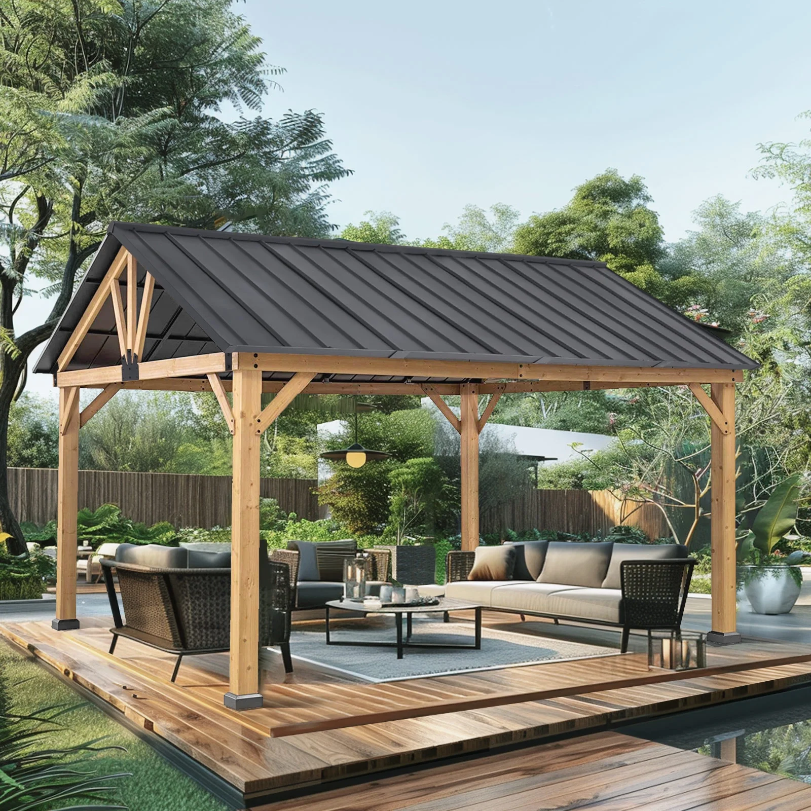 INTER HUT 13x11 Outdoor Hardtop Wood Gazebo Cedar Framed Permanent Pavilion