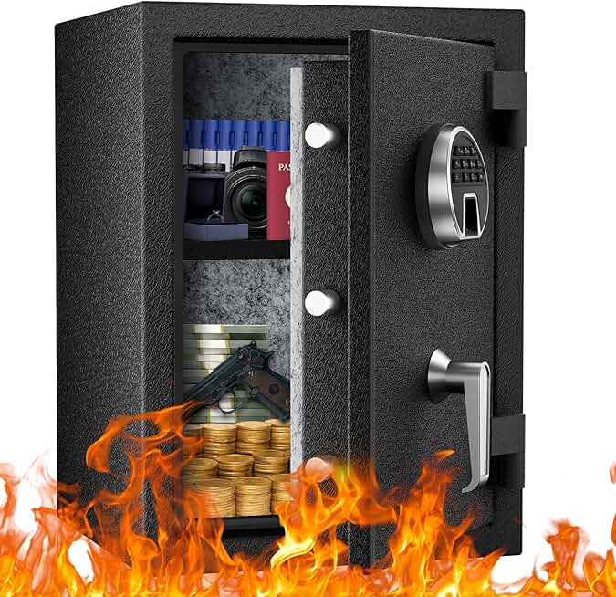 WASJOYE Biometric Fireproof Safe Box, Fingerprint Safe with Digital Keypad Lock and Type-C Emergency Port, 2.0 Cubic Ft Fireproof Waterproof Safe for Home Office Jewelry Documents Cash Storage