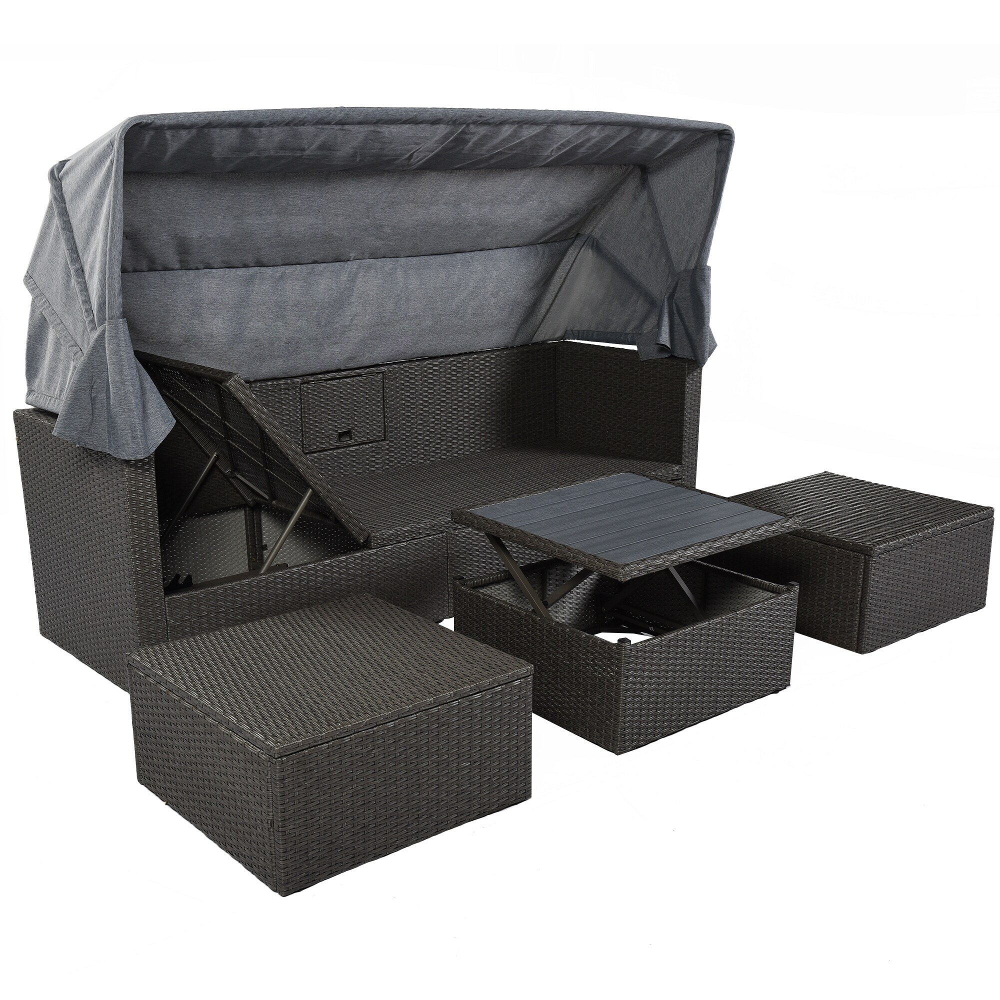 Outdoor Patio Rectangle Daybed with Retractable Canopy, Wicker Sectional Seating with Washable Cushions, Backyard, Porch gray-NEW